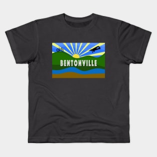Bentonville, Arkansas design with sunrise, mountain bike and airplane Kids T-Shirt